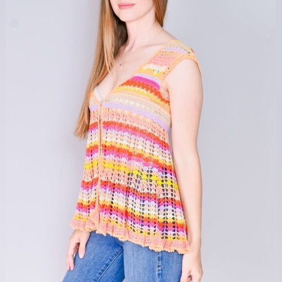 VERY RARE Free People Hippie Rainbow Striped Crochet Knit Cardigan - Picture 4 of 7